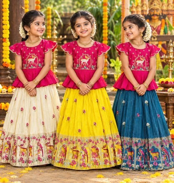 Dazzling Cream Designer Girls Peplum Lehenga with Kat-Dana and Moti Work Girls Wear