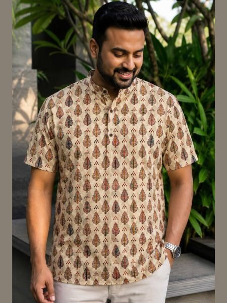 Dazzling Cream Designer Men's Cotton Printed Short Kurta for Every Occasion 