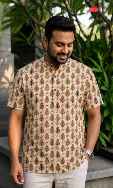 Dazzling Cream Designer Men's Cotton Printed Short Kurta for Every Occasion Mens Shirt