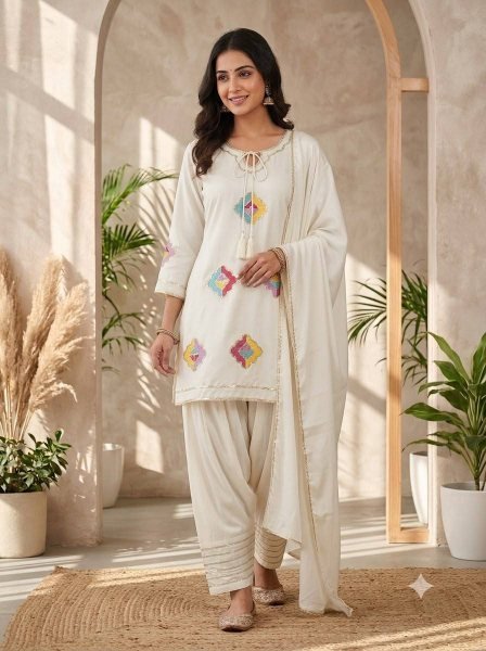 Dazzling Cream Premium Crape Silk Farsi Salwar Suit with Matching Dupatta Ready To Wear Collection