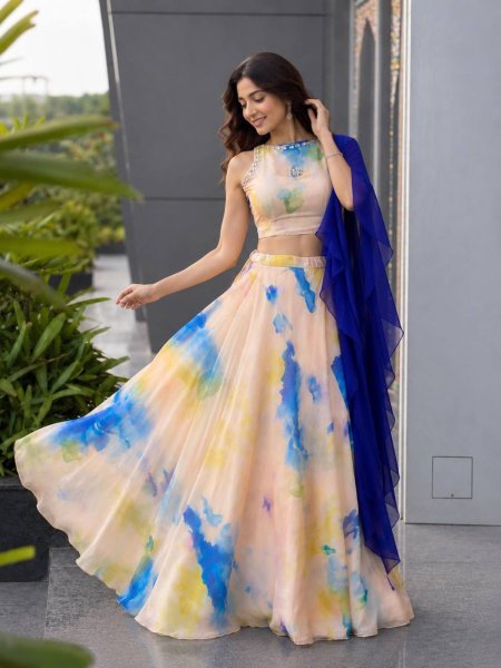 Dazzling Cream Jimmy Organza Lehenga Choli with Digital Print and Stone Work Blouse 
