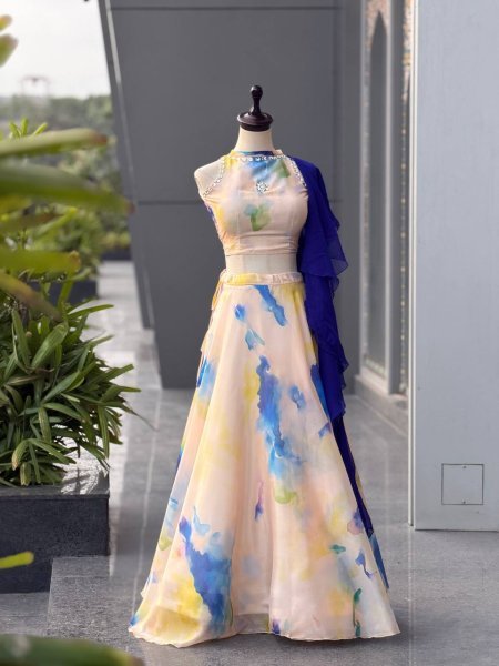 Dazzling Cream Jimmy Organza Lehenga Choli with Digital Print and Stone Work Blouse Designer Lehenga Choli