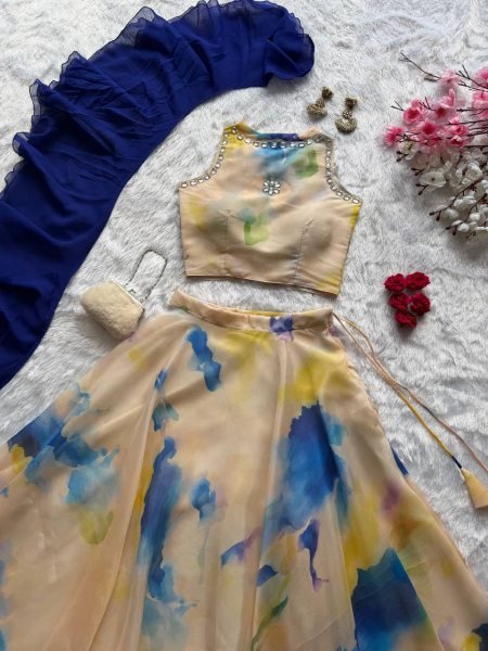 Dazzling Cream Jimmy Organza Lehenga Choli with Digital Print and Stone Work Blouse Designer Lehenga Choli