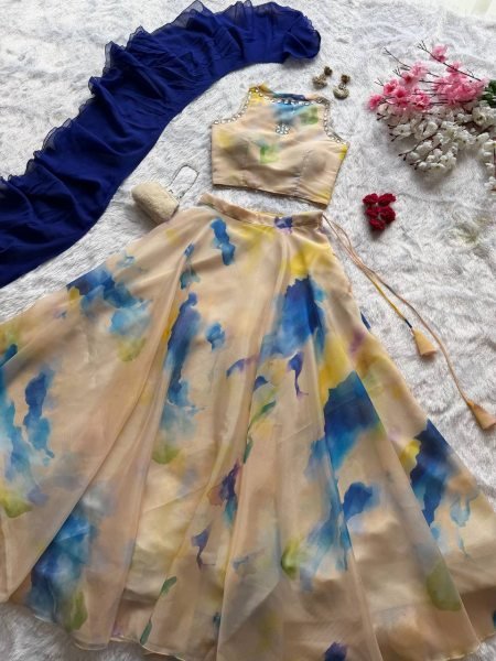 Dazzling Cream Jimmy Organza Lehenga Choli with Digital Print and Stone Work Blouse Designer Lehenga Choli
