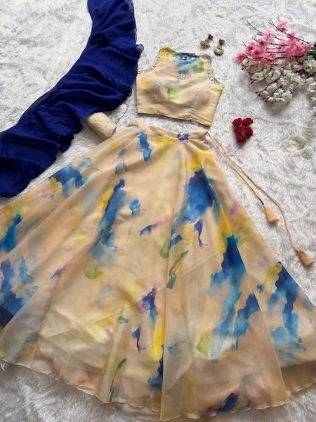 Dazzling Cream Jimmy Organza Lehenga Choli with Digital Print and Stone Work Blouse Designer Lehenga Choli