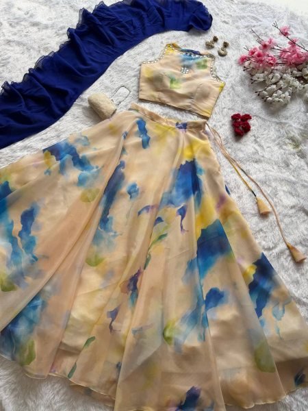 Dazzling Cream Jimmy Organza Lehenga Choli with Digital Print and Stone Work Blouse Designer Lehenga Choli