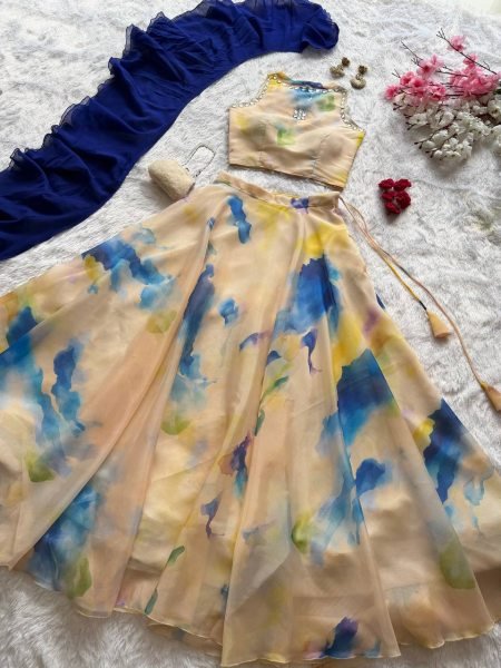 Dazzling Cream Jimmy Organza Lehenga Choli with Digital Print and Stone Work Blouse Designer Lehenga Choli