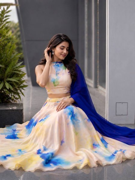 Dazzling Cream Jimmy Organza Lehenga Choli with Digital Print and Stone Work Blouse Designer Lehenga Choli