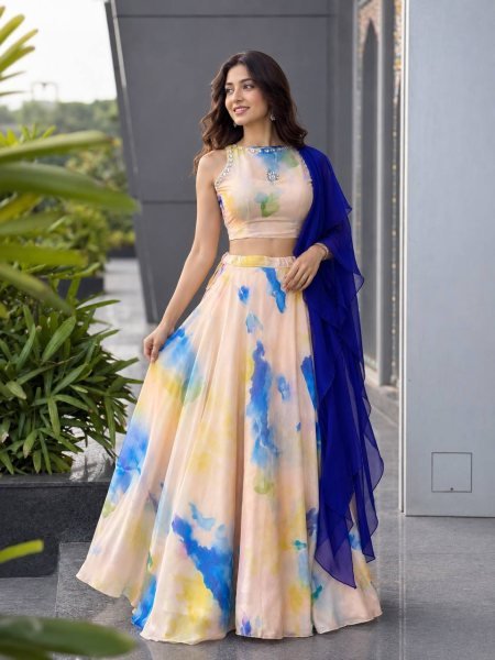 Dazzling Cream Jimmy Organza Lehenga Choli with Digital Print and Stone Work Blouse Designer Lehenga Choli