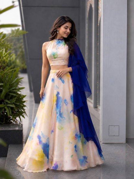 Dazzling Cream Jimmy Organza Lehenga Choli with Digital Print and Stone Work Blouse Designer Lehenga Choli
