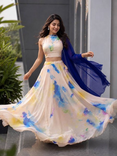 Dazzling Cream Jimmy Organza Lehenga Choli with Digital Print and Stone Work Blouse Designer Lehenga Choli