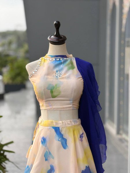 Dazzling Cream Jimmy Organza Lehenga Choli with Digital Print and Stone Work Blouse Designer Lehenga Choli