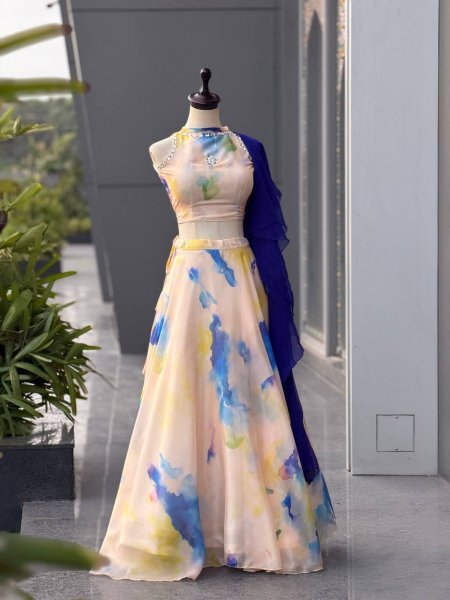Dazzling Cream Jimmy Organza Lehenga Choli with Digital Print and Stone Work Blouse Designer Lehenga Choli
