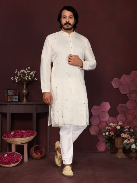 Dazzling Cream Premium Smart Silk Kurta Pyjama with Embroidery Work Mens Wear