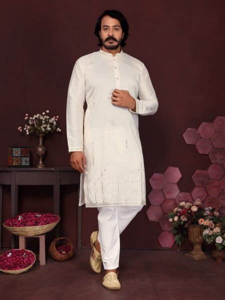 Dazzling Cream Premium Smart Silk Kurta Pyjama with Embroidery Work Kurta Pajama Wholesale