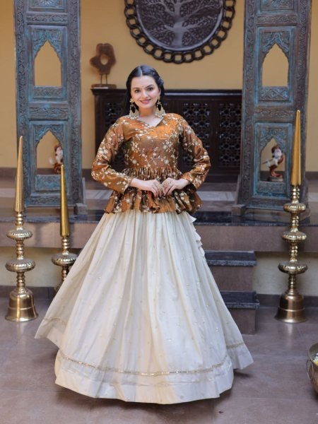 Dazzling Golden Peplum Lehenga Set with Sequins Embroidery for Women  Lehenga