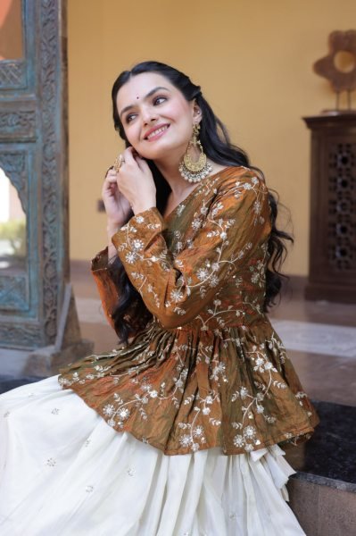 Dazzling Golden Peplum Lehenga Set with Sequins Embroidery for Women Designer Lehenga Choli