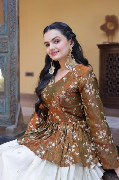 Dazzling Golden Peplum Lehenga Set with Sequins Embroidery for Women Designer Lehenga Choli