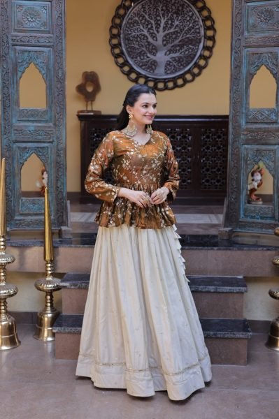 Dazzling Golden Peplum Lehenga Set with Sequins Embroidery for Women Designer Lehenga Choli