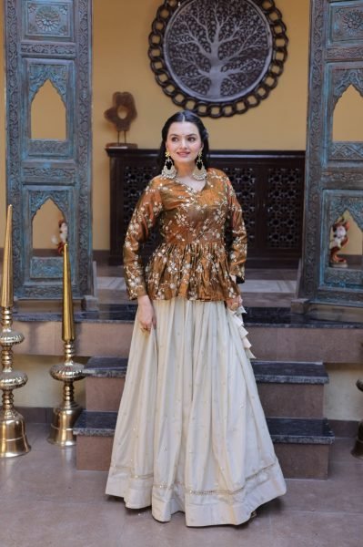 Dazzling Golden Peplum Lehenga Set with Sequins Embroidery for Women Designer Lehenga Choli