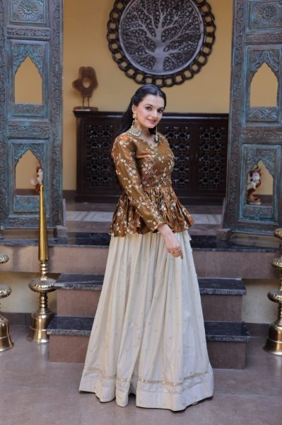 Dazzling Golden Peplum Lehenga Set with Sequins Embroidery for Women Designer Lehenga Choli