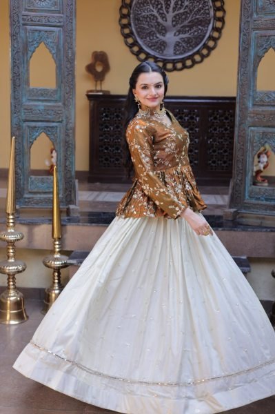 Dazzling Golden Peplum Lehenga Set with Sequins Embroidery for Women Designer Lehenga Choli