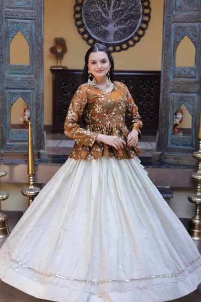 Dazzling Golden Peplum Lehenga Set with Sequins Embroidery for Women Designer Lehenga Choli