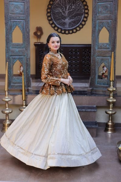 Dazzling Golden Peplum Lehenga Set with Sequins Embroidery for Women Designer Lehenga Choli