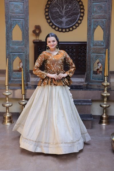 Dazzling Golden Peplum Lehenga Set with Sequins Embroidery for Women Designer Lehenga Choli