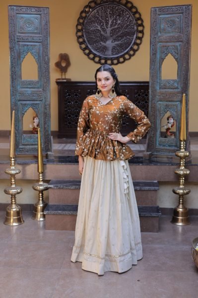 Dazzling Golden Peplum Lehenga Set with Sequins Embroidery for Women Designer Lehenga Choli