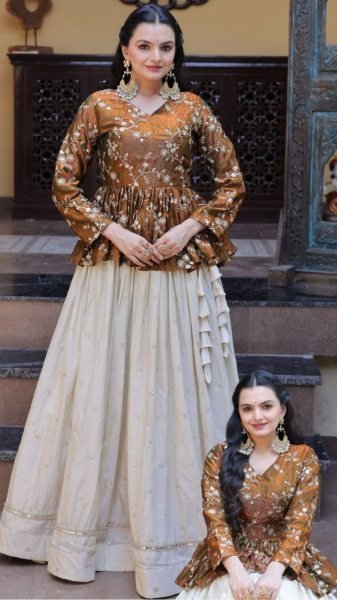 Dazzling Golden Peplum Lehenga Set with Sequins Embroidery for Women Designer Lehenga Choli