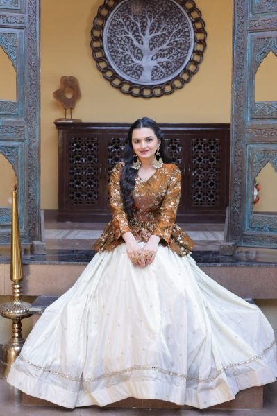 Dazzling Golden Peplum Lehenga Set with Sequins Embroidery for Women Designer Lehenga Choli