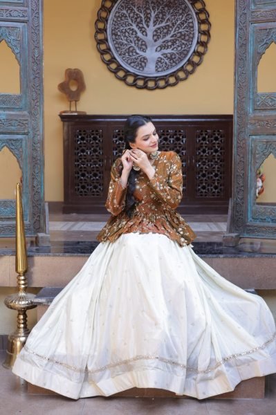 Dazzling Golden Peplum Lehenga Set with Sequins Embroidery for Women Designer Lehenga Choli