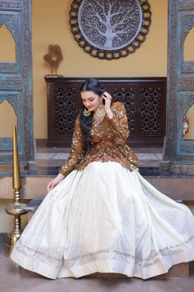 Dazzling Golden Peplum Lehenga Set with Sequins Embroidery for Women Designer Lehenga Choli