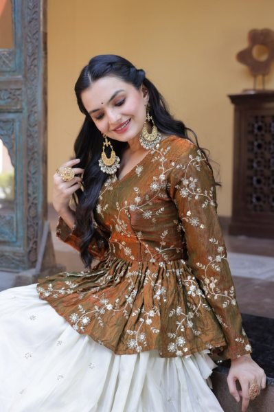 Dazzling Golden Peplum Lehenga Set with Sequins Embroidery for Women Designer Lehenga Choli