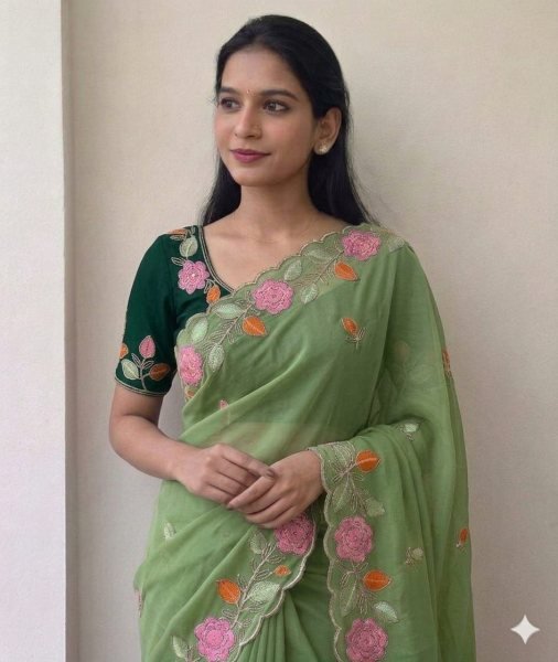 Dazzling Green Boutique Style Floral Saree with Designer Border Embroidery Sarees Wholesale