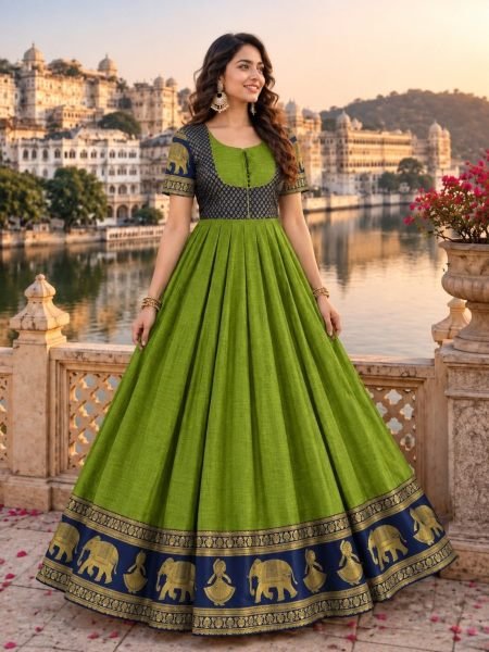 Dazzling Green Chettinad Cotton Anarkali Gown with Traditional Indian Motifs for Festival 