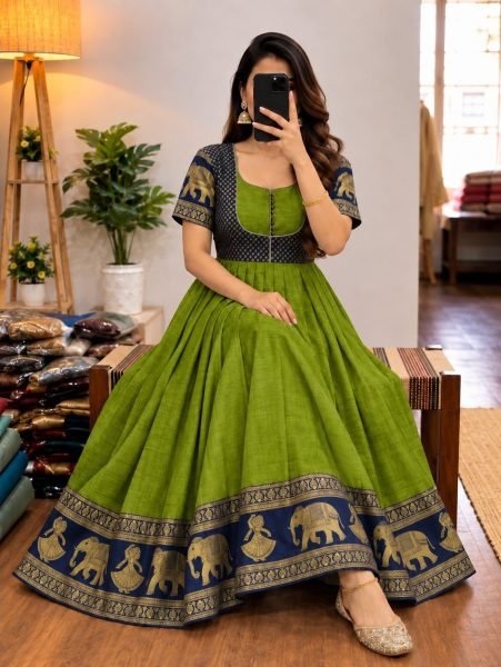 Dazzling Green Chettinad Cotton Anarkali Gown with Traditional Indian Motifs for Festival Anarkali Kurtis 