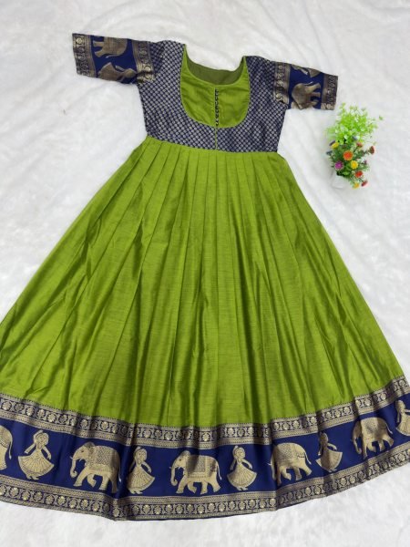 Dazzling Green Chettinad Cotton Anarkali Gown with Traditional Indian Motifs for Festival Anarkali Kurtis 
