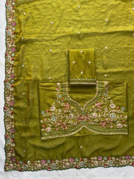 Dazzling Green Fendy Satin Silk Saree with Embroidery Butta and Heavy Work Blouse Silk Sarees Wholesale