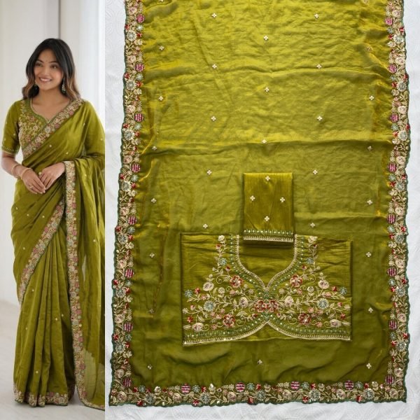 Dazzling Green Fendy Satin Silk Saree with Embroidery Butta and Heavy Work Blouse Silk Sarees Wholesale