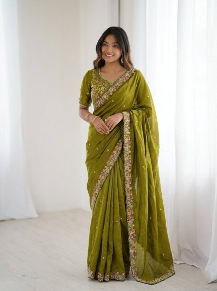 Dazzling Green Fendy Satin Silk Saree with Embroidery Butta and Heavy Work Blouse Silk Sarees Wholesale