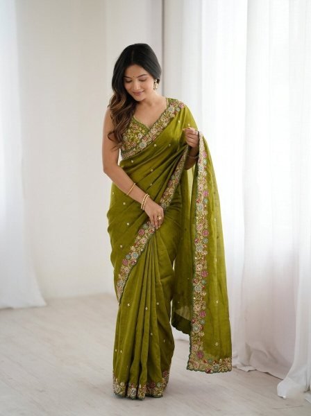 Dazzling Green Fendy Satin Silk Saree with Embroidery Butta and Heavy Work Blouse Silk Sarees Wholesale