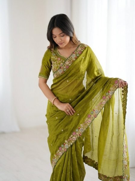 Dazzling Green Fendy Satin Silk Saree with Embroidery Butta and Heavy Work Blouse Silk Sarees Wholesale