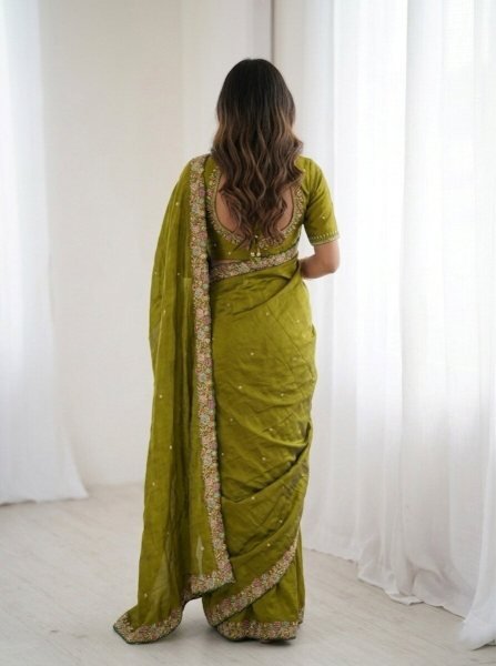 Dazzling Green Fendy Satin Silk Saree with Embroidery Butta and Heavy Work Blouse Silk Sarees Wholesale