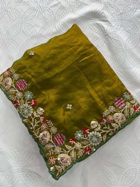 Dazzling Green Fendy Satin Silk Saree with Embroidery Butta and Heavy Work Blouse Silk Sarees Wholesale