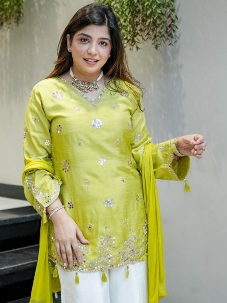 Dazzling Green Kurti Pant Dupatta Set with Sequence Embroidery Work Ready To Wear Collection