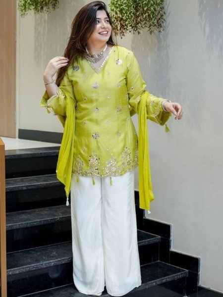 Dazzling Green Kurti Pant Dupatta Set with Sequence Embroidery Work Ready To Wear Collection
