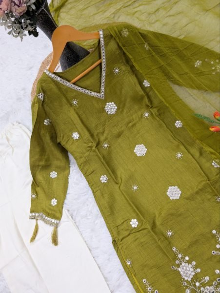 Dazzling Green Kurti Pant Dupatta Set with Sequence Embroidery Work Ready To Wear Collection