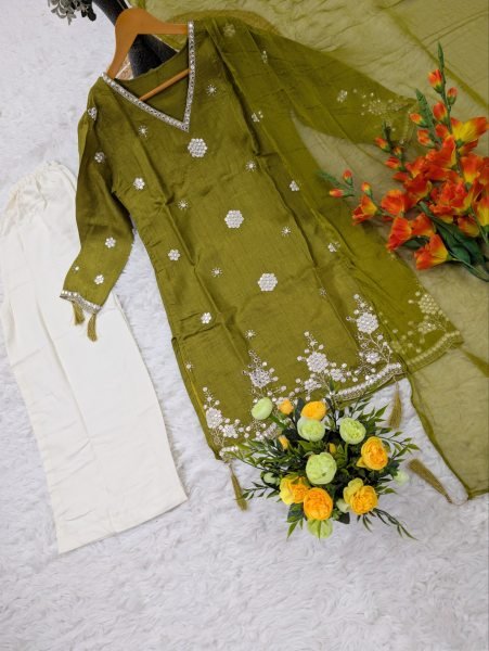 Dazzling Green Kurti Pant Dupatta Set with Sequence Embroidery Work Ready To Wear Collection